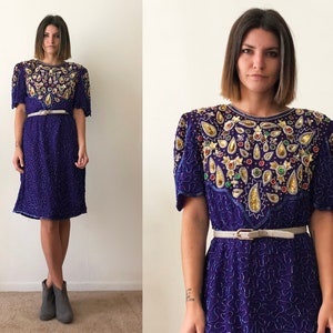 Vintage 1980&#39;s Purple Silver Gold Rhinestone Sequined Sparkly Open Back Party Dress with Shoulder Pads Size Medium