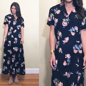 Vintage 1990&#39;s Dark Blue Navy Floral Long Collared Tie Back Summer Maxi Dress Size 6/8