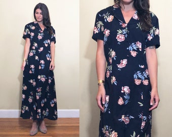 Vintage 1990's Dark Blue Navy Floral Long Collared Tie Back Summer Maxi Dress Size 6/8