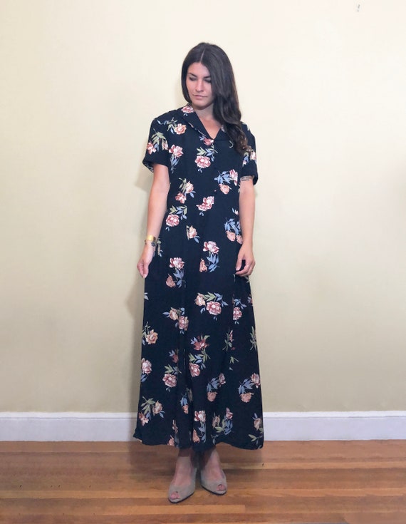 Vintage 1990's Dark Blue Navy Floral Long Collare… - image 3