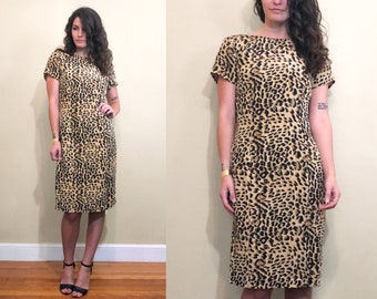 Vintage 1990's 100% Silk Cheetah Animal Print Short Sleeve Cocktail Dress Size 6