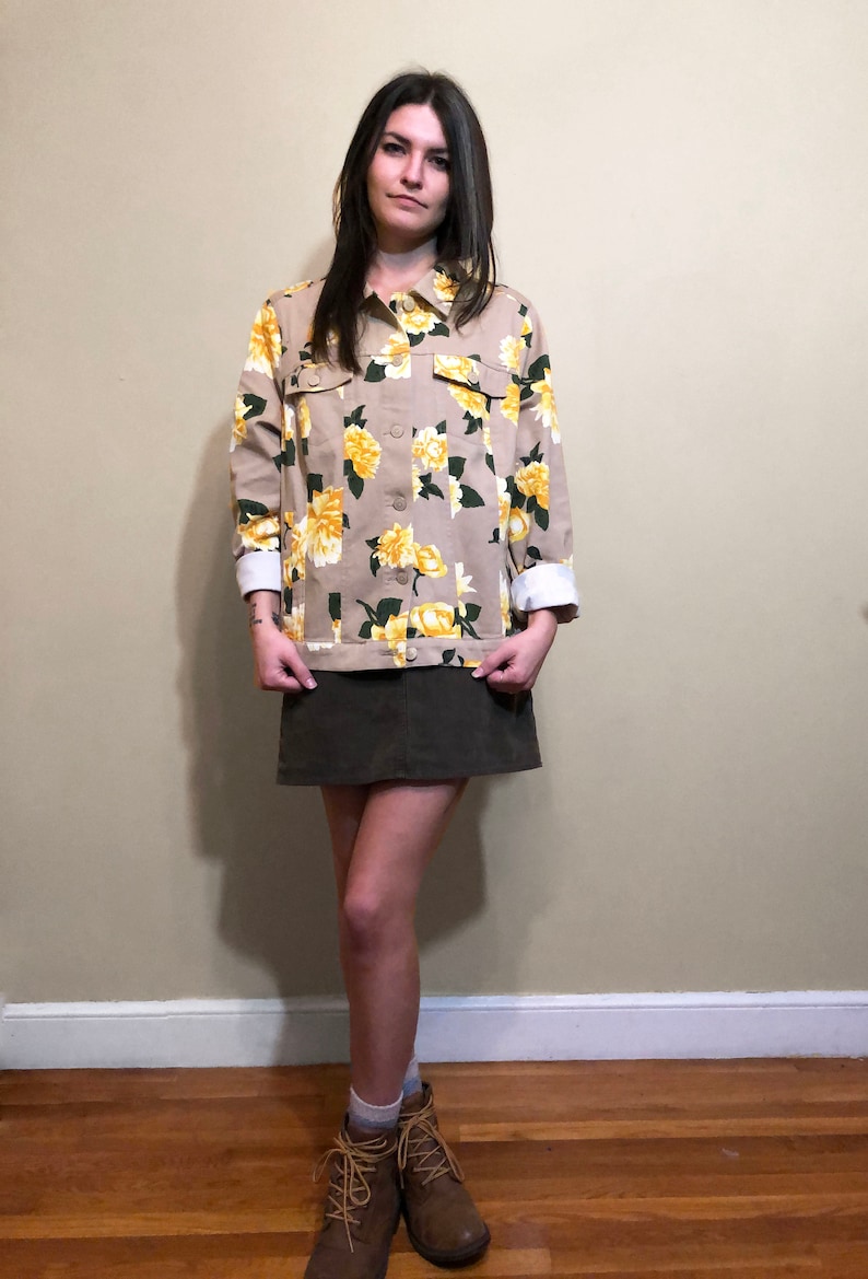 Vintage 1990/'s Khaki Beige Yellow and Green Floral Print Dahlia Flower Button up Jacket Size M 10