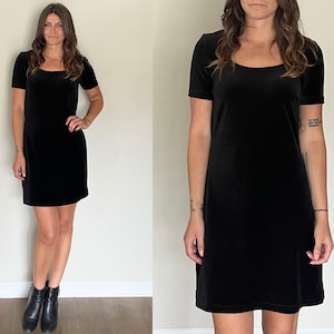 Vintage 1990&#39;s Energie Black Velvet Short Sleeve Scoopneck Mini Skater Dress Body Con Spandex Punk Grunge Dress Size 2/4