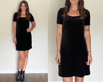 Vintage 1990's Energie Black Velvet Short Sleeve Scoopneck Mini Skater Dress Body Con Spandex Punk Grunge Dress Size 2/4