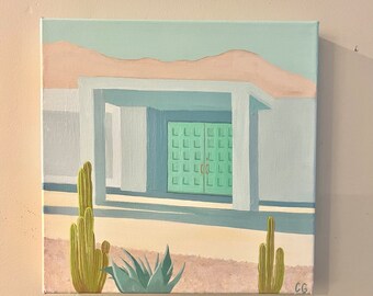 Original One of Kind Fine Art Acrylic Pop Art Palm Springs California architecture vibrant Blue Landscape Painting Gift Wall Art Home Decor