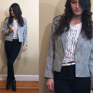 Vintage Gray Plaid Check Cropped Collared Blazer with Shoulder Pads Size 4