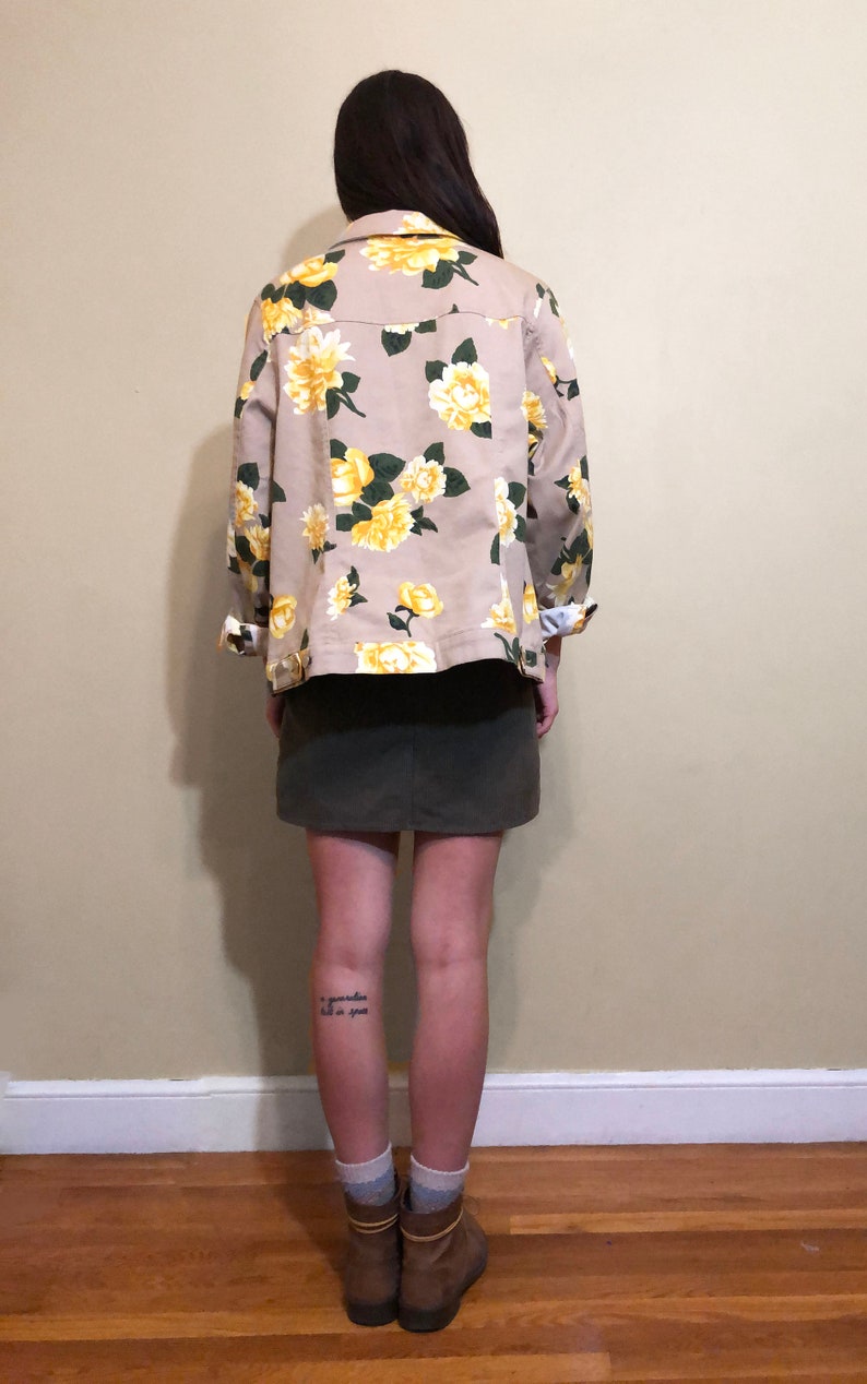 Vintage 1990/'s Khaki Beige Yellow and Green Floral Print Dahlia Flower Button up Jacket Size M 10