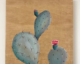 Prickly Pear Cactus Painting, Original Acrylic Art on Wood (12x12)