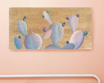 Original One of a Kind 10” x 20” Prickly Pear Cactus Acrylic Paintings on Stained Wood Canvas Wall Art Home Decor