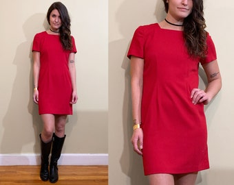 Vintage 1990's Womens Bright Red Short Sleeve Square Neck Cocktail Pencil Dress Size 4P
