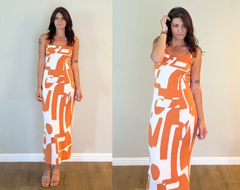 Vintage 1970's Sleeveless Artistic Geometric Mod Terrycloth Orange and White Mod Hippie Maxi Body Con Dress Art Deco Size Small