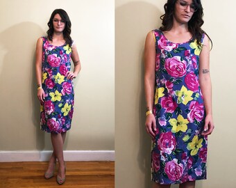 Vintage 1990's 100% Silk Very Soft Light Bright Floral Summer Sleeveless Dress Size 4/6