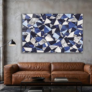 Navy Blue Geometric Mosaic Tempered Glass Wall Art, Angular Abstract Design
