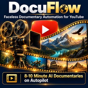 May include: A digital graphic titled DocuFlow Faceless Documentary Automation for YouTube featuring a vintage-style film camera on a tripod, a red YouTube play button, and a film strip displaying scenes of mountains, a sea turtle, and pyramids.