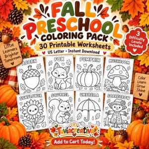 Pode incluir: Um pacote de colorir pré-escolar de outono com 30 folhas de trabalho imprimíveis com temas de outono como bolotas, raposas, abóboras, cogumelos, girassóis, esquilos, guarda-chuvas e espantalhos, disponível para download imediato.