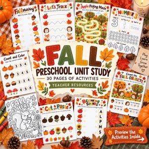 May include: A collection of educational activity sheets for a fall preschool unit study. The pages feature colorful illustrations of autumn leaves, pumpkins, squirrels, and hedgehogs, with text including Fall Matching, Let's Trace, and Apple Picking Maze.