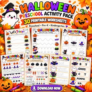 Puede incluir: Un paquete de actividades preescolares de Halloween con 30 hojas de trabajo imprimibles con ejercicios de trazo, conteo y letras. Las páginas incluyen ilustraciones coloridas de fantasmas, calabazas, murciélagos y gatos con títulos como Let's Trace y Halloween Shape Tracing.