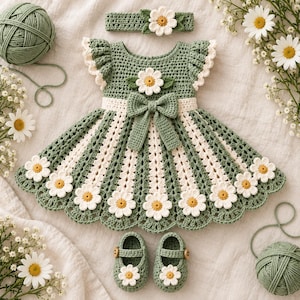 May include: A sage green and white crocheted dress featuring a ruffled bodice, a central bow, and a flared skirt adorned with white daisy appliqués. The set includes a matching headband and a pair of Mary Jane shoes, each decorated with a single daisy.