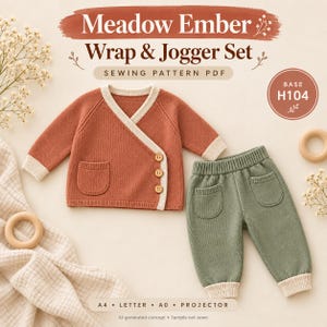 Peut inclure: Un patron de couture PDF Meadow Ember Wrap & Jogger Set comprenant un haut cache-cœur à manches longues rouille avec bordure crème, trois boutons et une poche, et un pantalon de jogging vert sauge avec deux poches et poignets crème.