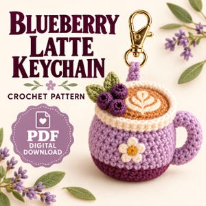Blueberry Latte Mug Crochet Pattern PDF, Coffee Cup Keychain, Lavender Amigurumi Bag Charm, Illustrated Step-by-Step Guide