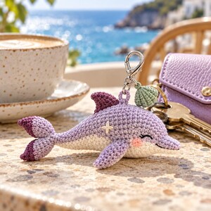 Crochet Dolphin Keychain Pattern PDF, Lavender Amigurumi Bag Charm with Shell, 52-Step Illustrated Guide, Instant Download