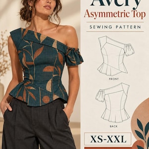 May include: A sewing pattern for an Avery Asymmetric Top in sizes XS-XXL. The top features a teal fabric with a brown leaf print, an asymmetrical neckline, one short gathered sleeve, and a peplum hem. Includes front and back technical sketches.