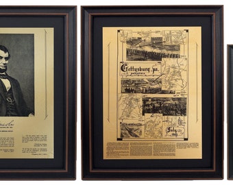 Framed Abraham Lincoln Portrait, Gettysburg Battlefield Map, & Gettysburg Address Set. Handmade in USA. Free Shipping!*