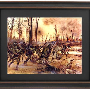 May include: A watercolor painting depicting a group of soldiers running through a war-torn forest. The soldiers are wearing military uniforms and carrying rifles. The forest is filled with smoke and debris, and the sky is a dark orange color.