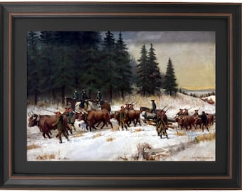 Framed Knox Bringing the Cannons from Fort Ticonderoga to the Siege of Boston by John Ward Dunsmore. 2 Sizes. Handmade in USA