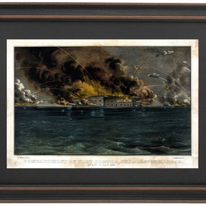 Framed Bombardment of Fort Sumpter, Charleston Harbor by Currier & Ives. Handmade in USA.