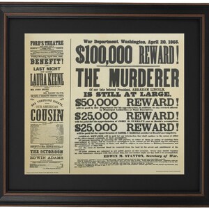 Framed Reward Poster for Lincoln's Assassin & Ford Theater Program. History Buff Gift. Handmade in USA. Free Shipping!*