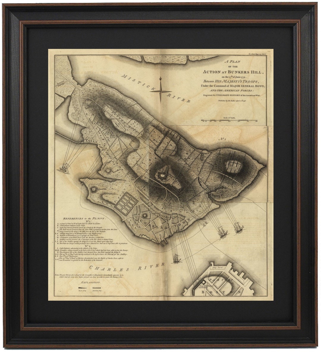 Framed Bunker Hill Battlefield Map. A Plan of the Action at Bunker Hill 