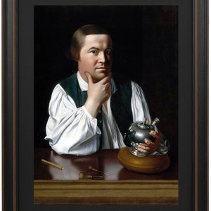 May include: Framed portrait of a man in a white shirt, green vest, and dark jacket, holding a silver teapot. The painting is set against a dark background, with a wooden table in the foreground. A candle and tools are on the table.