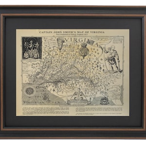 May include: A vintage map of Virginia by Captain John Smith, first published in Oxford, England in 1612. The map shows the coastline, rivers, and settlements of the region. The map is surrounded by a decorative border and includes a compass rose and a key.