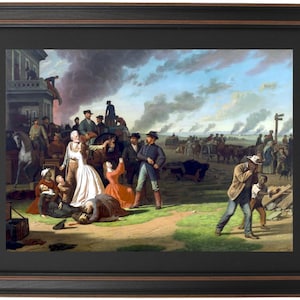 May include: Framed print of a historical painting depicting a chaotic scene with figures in period clothing. The artwork features a house, horses, and people in distress, with a dark, smoky sky in the background. The frame is dark brown.