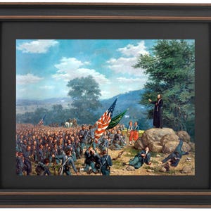 May include: A painting depicting a historical scene of a priest giving a sermon to a group of soldiers in a field. The soldiers are wearing blue uniforms and are kneeling in prayer. The priest is wearing a black robe and is standing on a rock. There are trees and a blue sky in the background.