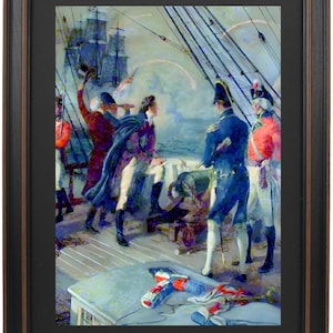 May include: A painting depicting a scene on a ship's deck with five men in military uniforms. The men are standing on a wooden deck with a ship's mast and rigging in the background. The sky is a light blue with white clouds. The painting is done in a realistic style with a focus on detail.