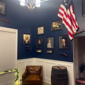 a room with a flag hanging on the wall