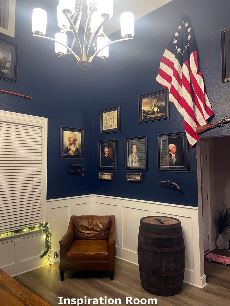 a room with a flag hanging on the wall