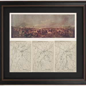 Framed Battle of Gettysburg Illustration and Three Day Troop Movement Maps. Standard or Poster Size. Handmade in USA. Free Shipping