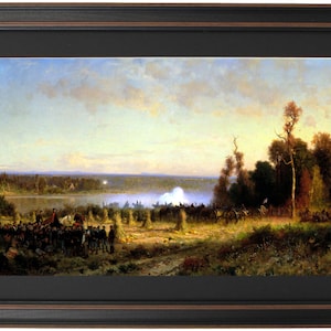 May include: A painting depicting a historical battle scene. The painting shows a group of soldiers standing in a field, with a river and trees in the background. There is a large plume of smoke in the distance, suggesting an explosion or cannon fire. The sky is a pale blue with wispy clouds.