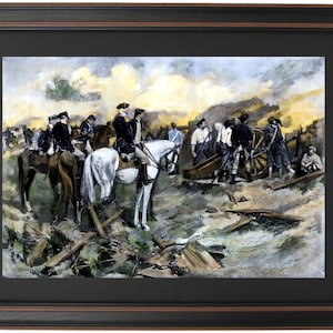 May include: A watercolor painting depicting a group of men on horseback, with a cannon in the background. The men are dressed in military uniforms and are riding through a wooded area. The painting is set against a backdrop of a cloudy sky.