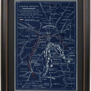 Framed Blueprint Map of the Battle of Gettysburg, 1863 by Emmor Cope. Standard or Poster Size. Handmade in USA. Free Shipping
