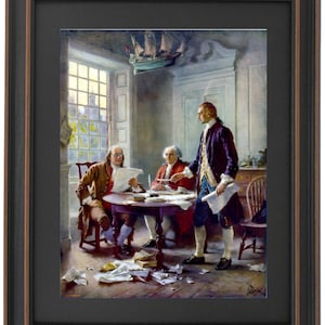 May include: A painting depicting three men in period clothing sitting at a table with papers and quill pens. The men are likely Thomas Jefferson, John Adams, and Benjamin Franklin, the authors of the Declaration of Independence. The painting is set in a room with a window and a model ship hanging from the ceiling.