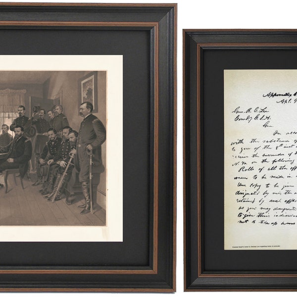 Framed Illustration of General Lee's Surrender with Grant's Letter to Lee Regarding Terms of Surrender Set. Handmade in USA. Free Shipping