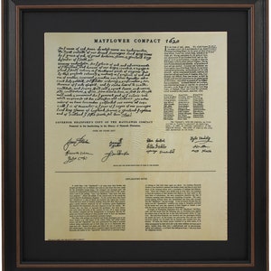 Framed Governor Bradford Copy of The Mayflower Compact 1620. Handmade in USA. Free Shipping!*