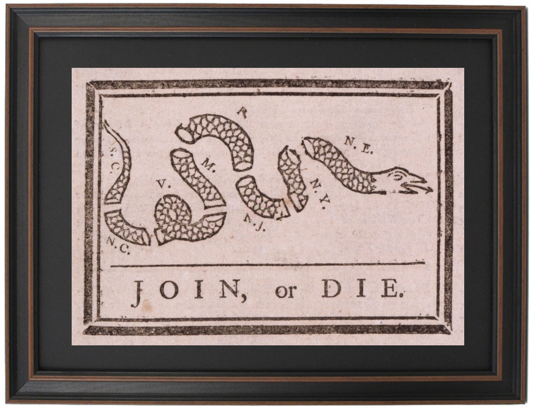 Framed Join or Die Snake Cartoon 1754 by Benjamin Franklin. Standard or ...