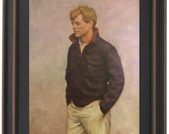 May include: A painting of a man wearing a brown leather jacket and khaki pants. He has short blond hair and is looking to the left. The background is a light pink.