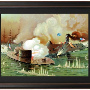 May include: A vintage illustration depicting two ironclad warships in battle. The ships are firing cannons at each other, creating plumes of smoke and water spray. The American ship is flying the Stars and Stripes, while the other ship is flying a blue flag with a white cross. The scene is set against a backdrop of a cloudy sky.