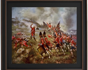 May include: Framed print of a historical battle scene. Soldiers in red coats and black hats are depicted in a chaotic battlefield setting. The artwork is framed in a black and brown wooden frame, adding a classic touch to the historical artwork.